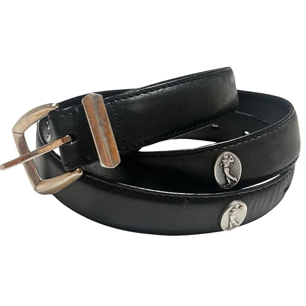 Black Leather Men's Golf Belt With Silver Hardware, Total Length - 49 inches.